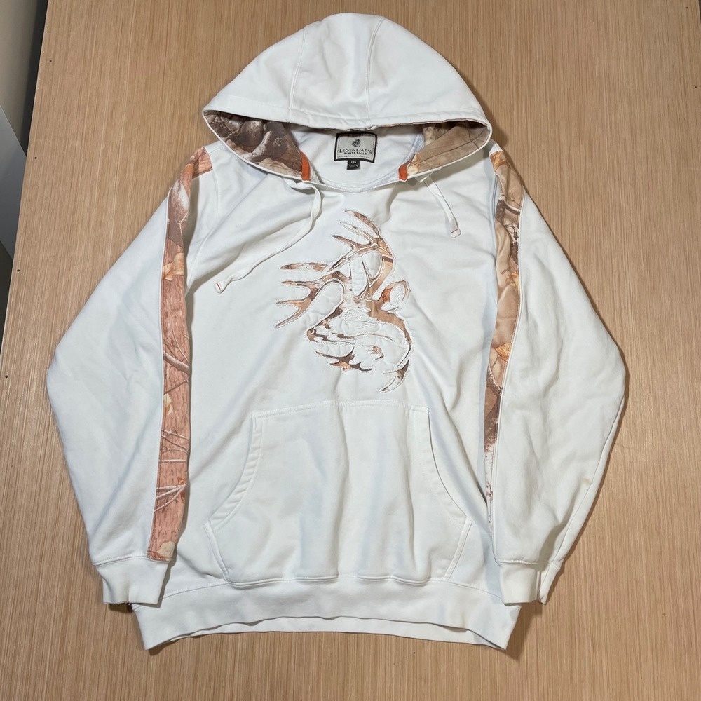 Legendary Whitetails Hoodie Mens Large White Camo Deer Logo Pullover Sweatshirt
